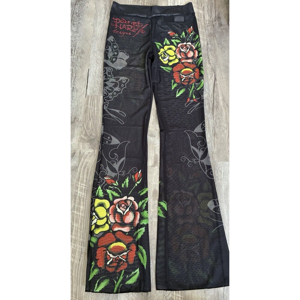 Ed Hardy women swim cover up pants size medium black sheer floral